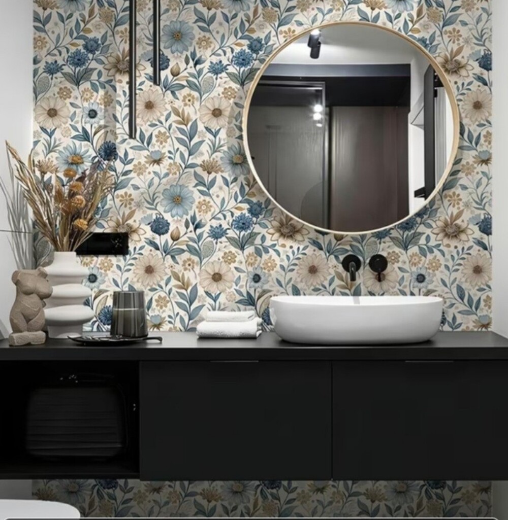 New 2 Rolls of Floral Blue and Beige Peel-and-Stick Wallpaper #1467-1565